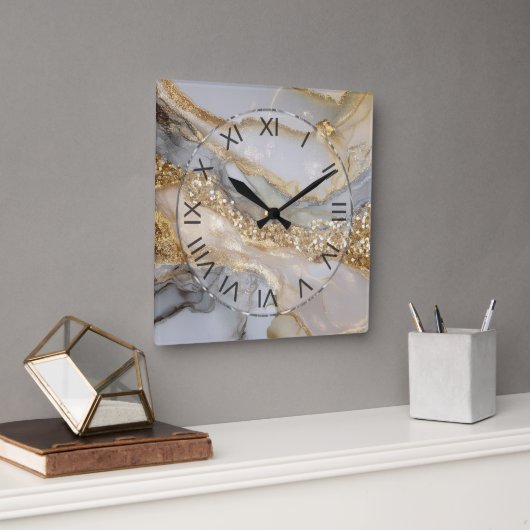 Horloge Carrée Luxury Gold & White Flowing Marble (Bureau)