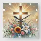 Horloge Carrée Lys blancs radiants croisés floraux (Recto)