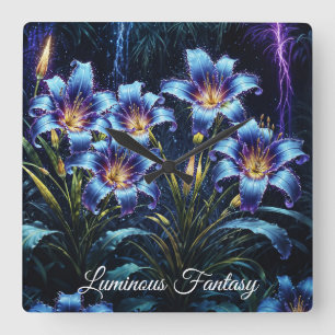 Horloge Carrée Lys bleu brillant nuit imaginaire floral éclatant