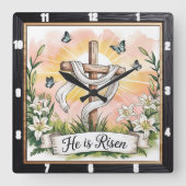 Horloge Carrée Lys croisés ressuscités Pâques (Recto)