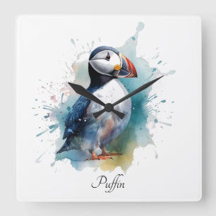 Horloge Carrée Macareux aquarelle adorable, personnalisé