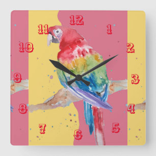 Horloge Carrée Macaw Watercolor Parrot Bird Childrens
