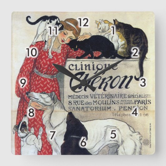 Horloge Carrée Madame, chats, et chiens, Alexandre Steinlen (Recto)