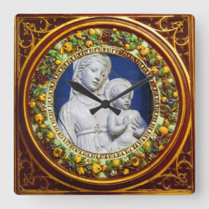 HORLOGE CARRÉE MADONNA AVEC ENFANT FLORAL RENAISSANCE COURONNE