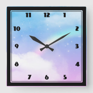 Horloge Carrée Magical Pastel Clouds and a Rainbow