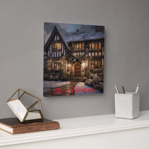 Horloge Carrée Magie de Noël rustique