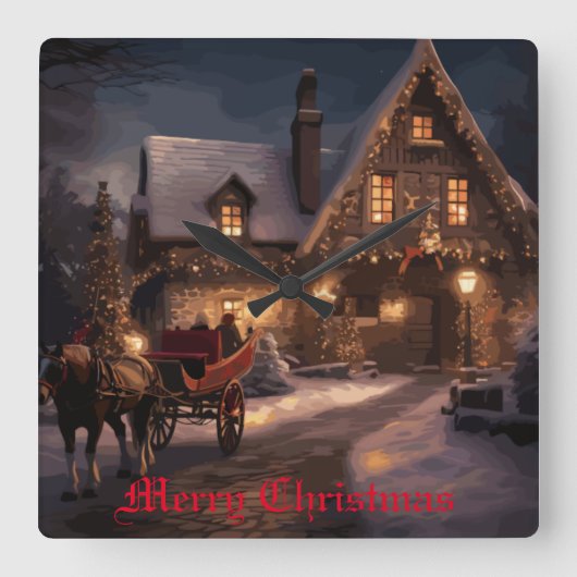 Horloge Carrée Magie de Noël rustique (Recto)