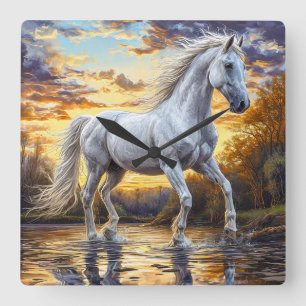Horloge Carrée Magnifique cheval blanc galopant dans l'eau