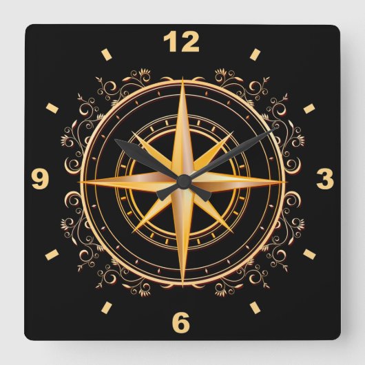 Horloge Carrée Magnifique Unique Or & Compass Noir Antique ~ (Recto)
