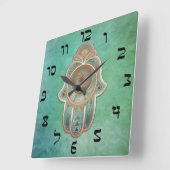 Horloge Carrée Main de Miriam (Hamsa) en cuivre et vert (Angle)