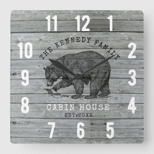 Horloge Carrée Maison cabine Nom de famille Ours noir Gris Bois (Recto)