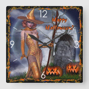 Horloge Carrée Maison Citrouille de la sorcière hantée d'Hallowee