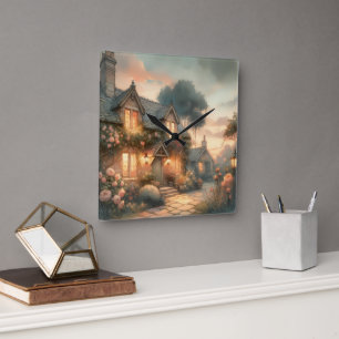 Horloge Carrée Maison de conte de fées au coucher du soleil avec