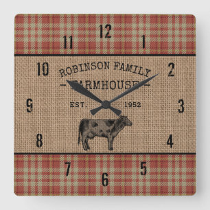 Horloge Carrée Maison de ferme Russe Vache Rouge Plaid Burlap