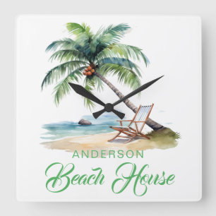 Horloge Carrée Maison de plage à nom personnalisé