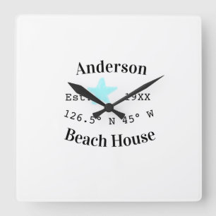 Horloge Carrée Maison de plage Date année coordonnées personnalis