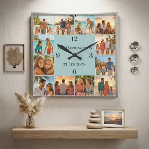 Horloge Carrée Maison de plage Nom de famille Collage de 12 photo