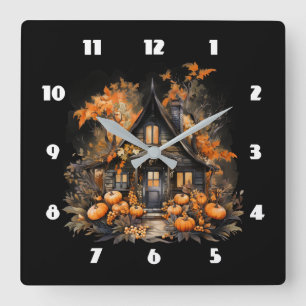 Horloge Carrée Maison hantée avec Halloween Citrouille