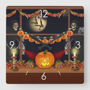 Horloge Carrée Maison Hantée sous la Lune d'Halloween