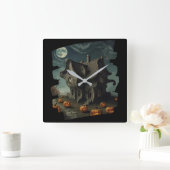 Horloge Carrée Maison Haunween avec Citrouilles et Pleine lune (Maison)
