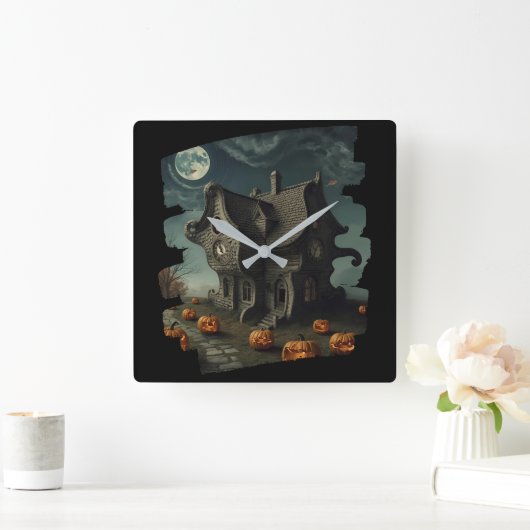 Horloge Carrée Maison Haunween avec Citrouilles et Pleine lune (Maison)