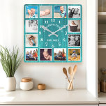 Horloge Carrée Maison rustique Turquoise en bois de grange 12 Pho<br><div class="desc">Montrez vos souvenirs de famille chéris avec cette grange turquoise rustique en bois photo collage horloge murale. Cette horloge personnalisée dispose d'un design patiné de grains de bois et d'espace pour 12 de vos photos préférées. Ajoutez votre nom de famille et votre année bien établie pour une touche sentimentale unique....</div>