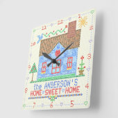 Horloge Carrée Maison Sweet Home Cross Stitch House | Nom de fami (Angle)