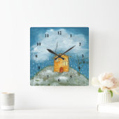 Horloge Carrée Maison Whimsical Snowstorm Tree Folk Art Peinture (Maison)