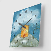 Horloge Carrée Maison Whimsical Snowstorm Tree Folk Art Peinture (Angle)