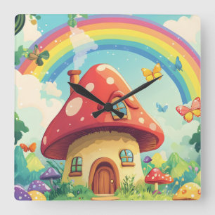 Horloge Carrée Maisons champignons et arc-en-ciel 10