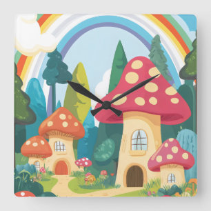 Horloge Carrée Maisons champignons et arc-en-ciel 12