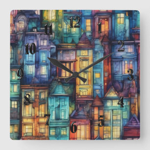 Horloge Carrée Maisons d'Art Abstrait Moderne Aquarelle colorée
