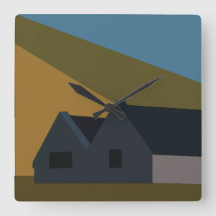Horloge Carrée Maisons Montagnes Paysage Nature