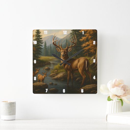 Horloge Carrée Majestic Buck By Two Fawns Forest Stream (Maison)