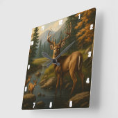 Horloge Carrée Majestic Buck By Two Fawns Forest Stream (Angle)
