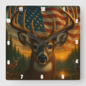 Horloge Carrée Majestic Buck Impressionnant Antlers drapeau améri (Recto)