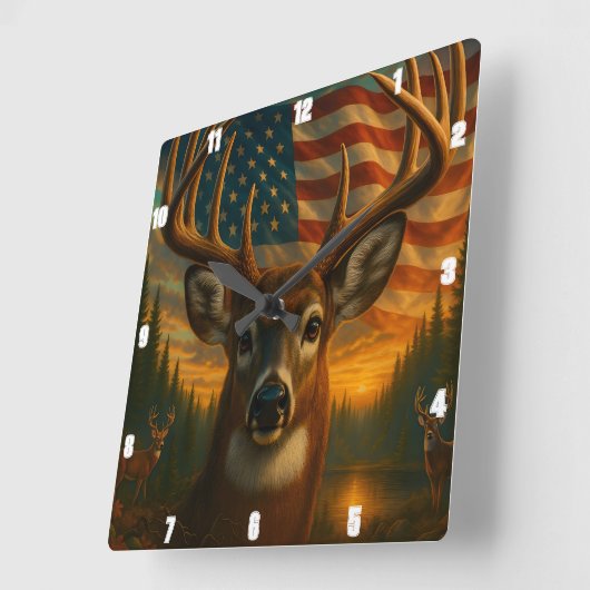 Horloge Carrée Majestic Buck Impressionnant Antlers drapeau améri (Angle)