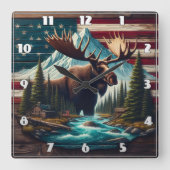 Horloge Carrée Majestic Moose Among Mountains et drapeaux américa (Recto)