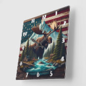 Horloge Carrée Majestic Moose Among Mountains et drapeaux américa (Angle)