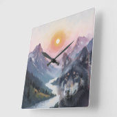 Horloge Carrée Majestic Mountains with wolf (Angle)