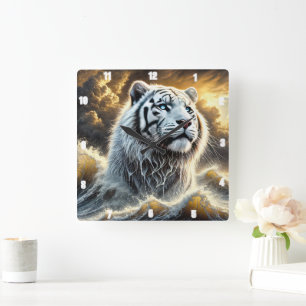 Horloge Carrée Majestic White Tiger Stormy Ocean Arrière - plan