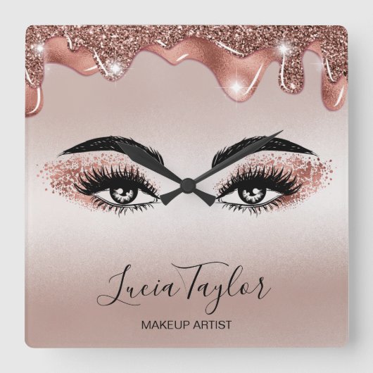 Horloge Carrée Makeup Beauty Lashes Rose Gold Drips Glitter (Recto)