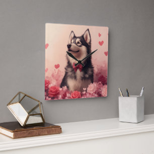 Horloge Carrée Malamute d'Alaska avec des roses - Saint-Valentin