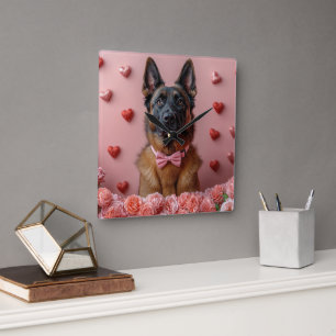 Horloge Carrée Malinois belge avec des roses - Saint-Valentin