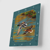 Horloge Carrée Mallard Canards en vol Turquoise (Angle)