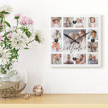 Horloge Carrée Mama Script Family Memory<br><div class="desc">A beautiful personalized vend pour your Mama that she'll cherish for years to come. Fonctions a modernes: photo grid collage layout to display 13 of your own special family photo memories. "Mama" designée dans un beautiful. Each photo is framed with a simple gold-colored frame. Simple black hearts and clock numbers...</div>