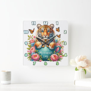 Horloge Carrée Maman tigre : Bébé, Fleurs, Fête des mères