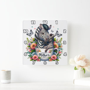 Horloge Carrée Maman zébrée : Foal, Fleurs, Fête des mères