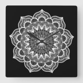 Horloge Carrée Mandala blanc sur fond noir (Recto)