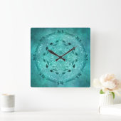 Horloge Carrée Mandala de grunge à fleurs ethniques turquoise (Maison)